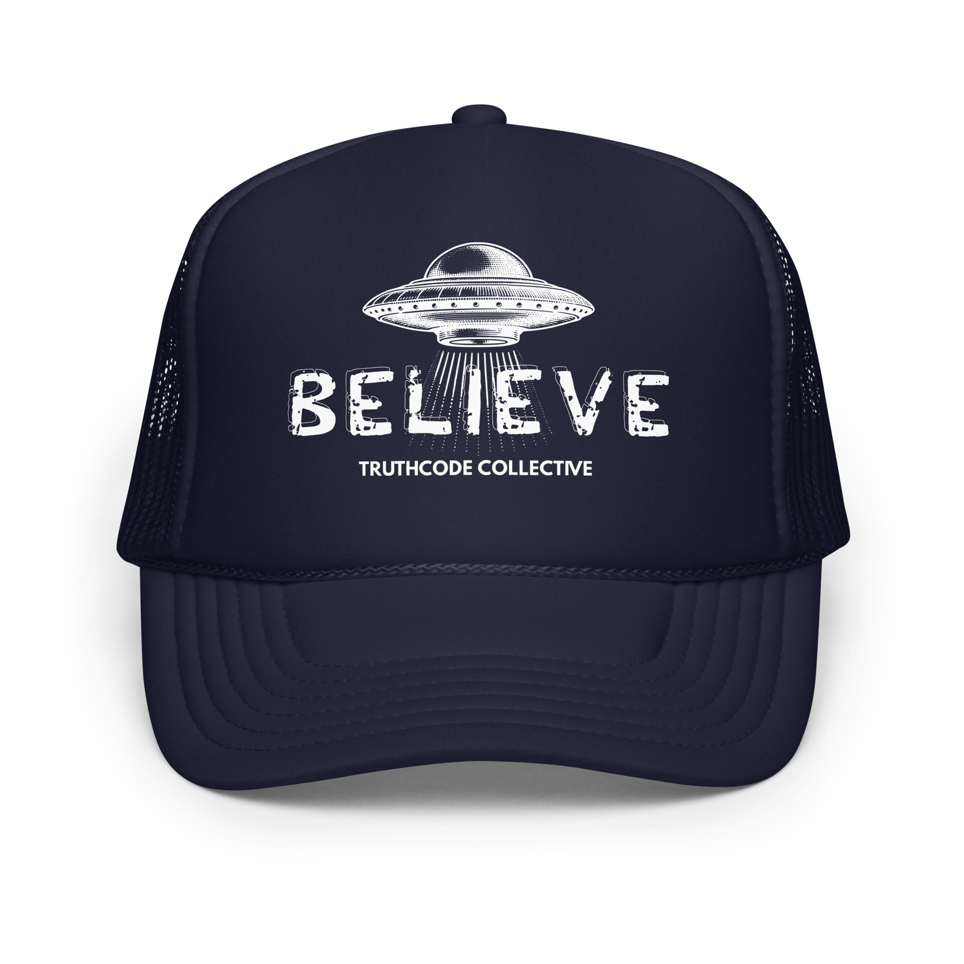 Navy blue trucker hate with UFO design and 'BELIEVE' text on a white background