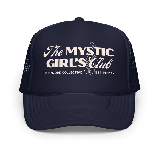 Navy blue trucker hat with 'The Mystic Girl's Club' text, on a white background