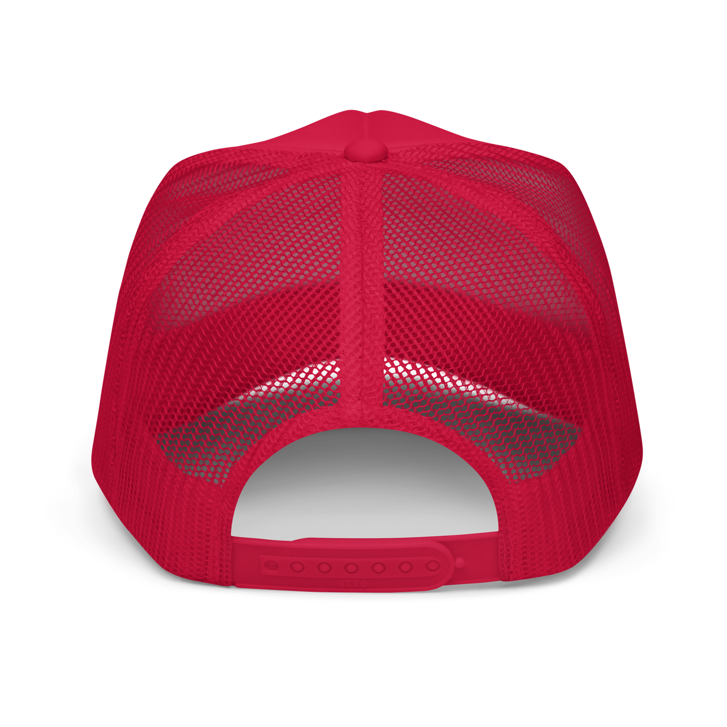 Back of red trucker hat showing mesh cap and adjustable snaps