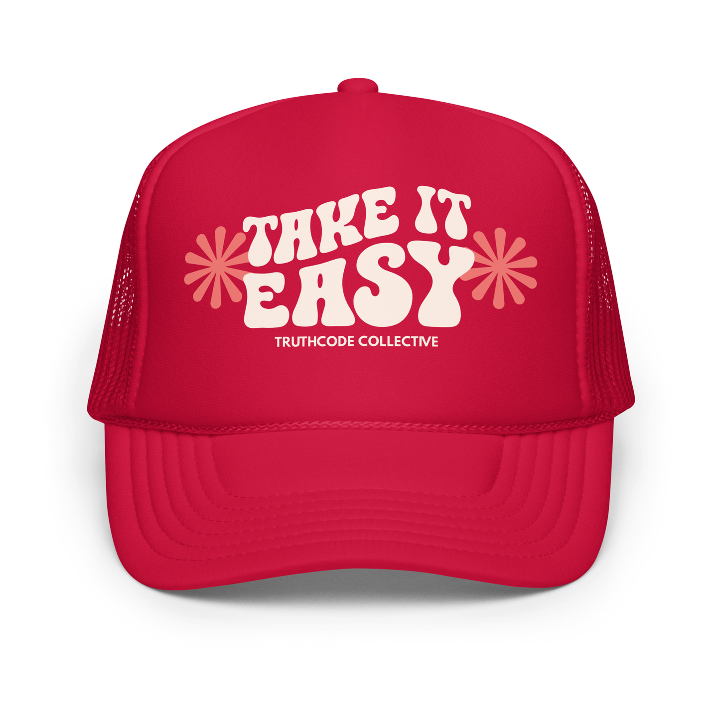 Red trucker hat with 'Take It Easy' text and starburst graphics on a white background