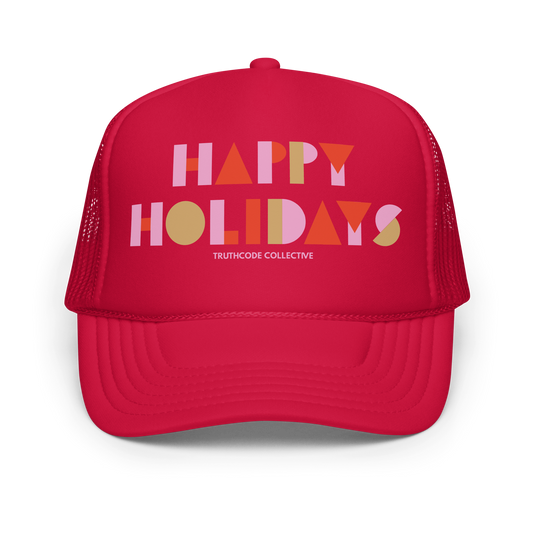 Red trucker hat with 'Happy Holidays' text on a white background
