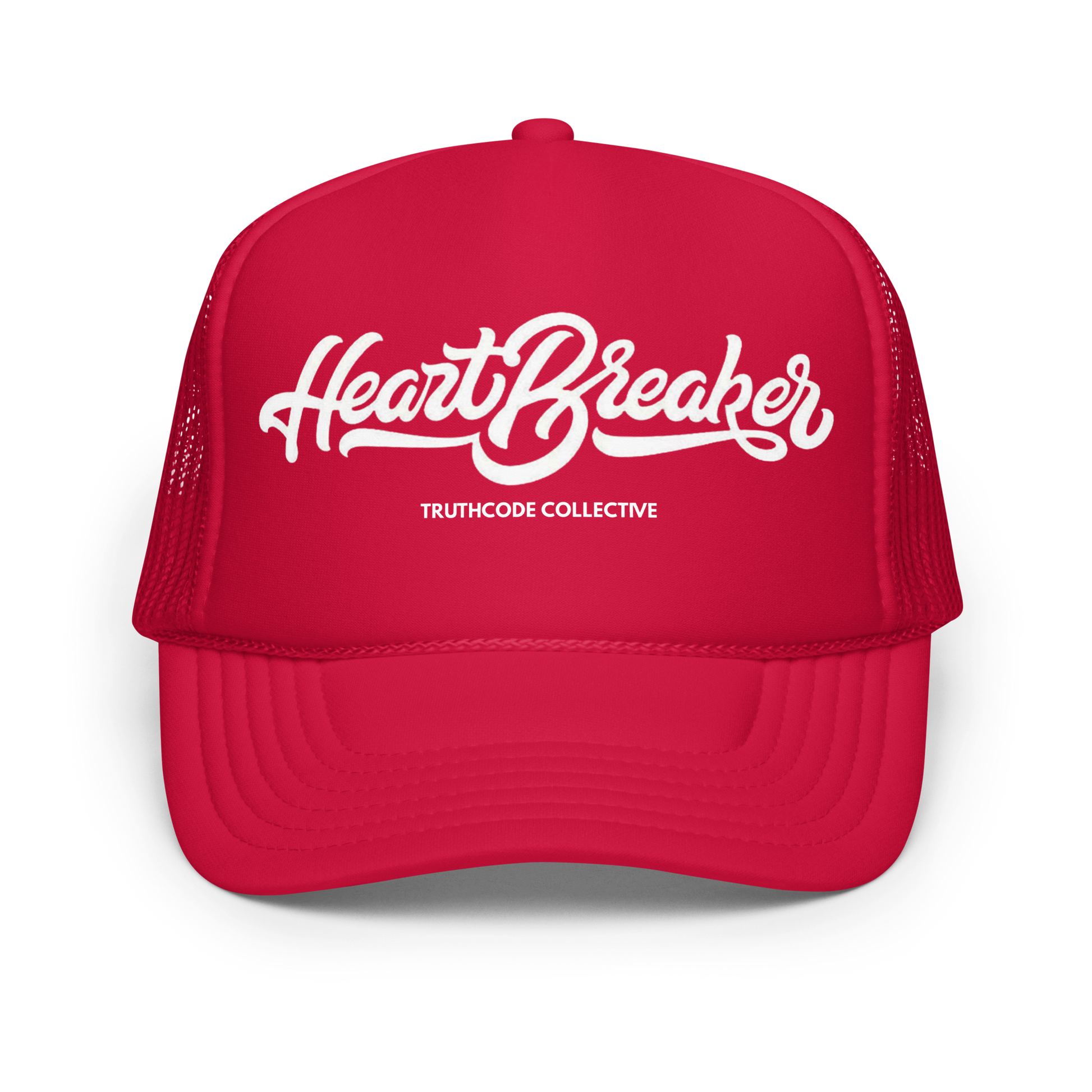 Red trucker hat with 'Heart Breaker' and 'Truthcode Collective' text on a white background