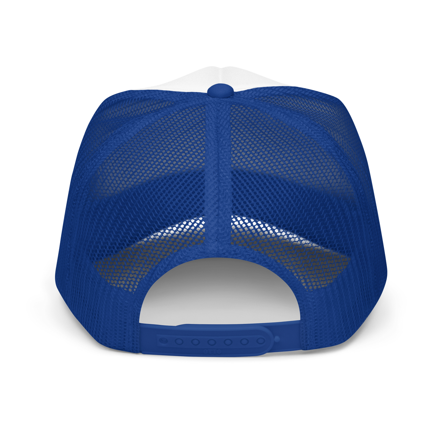 Back of blue trucker hat showing mesh cap and adjustable snaps