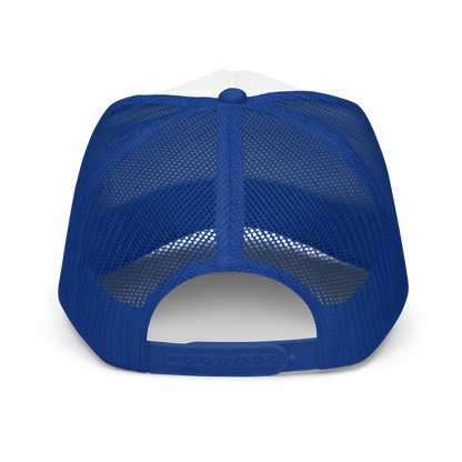 Back of blue trucker hat showing mesh cap and adjustable snaps