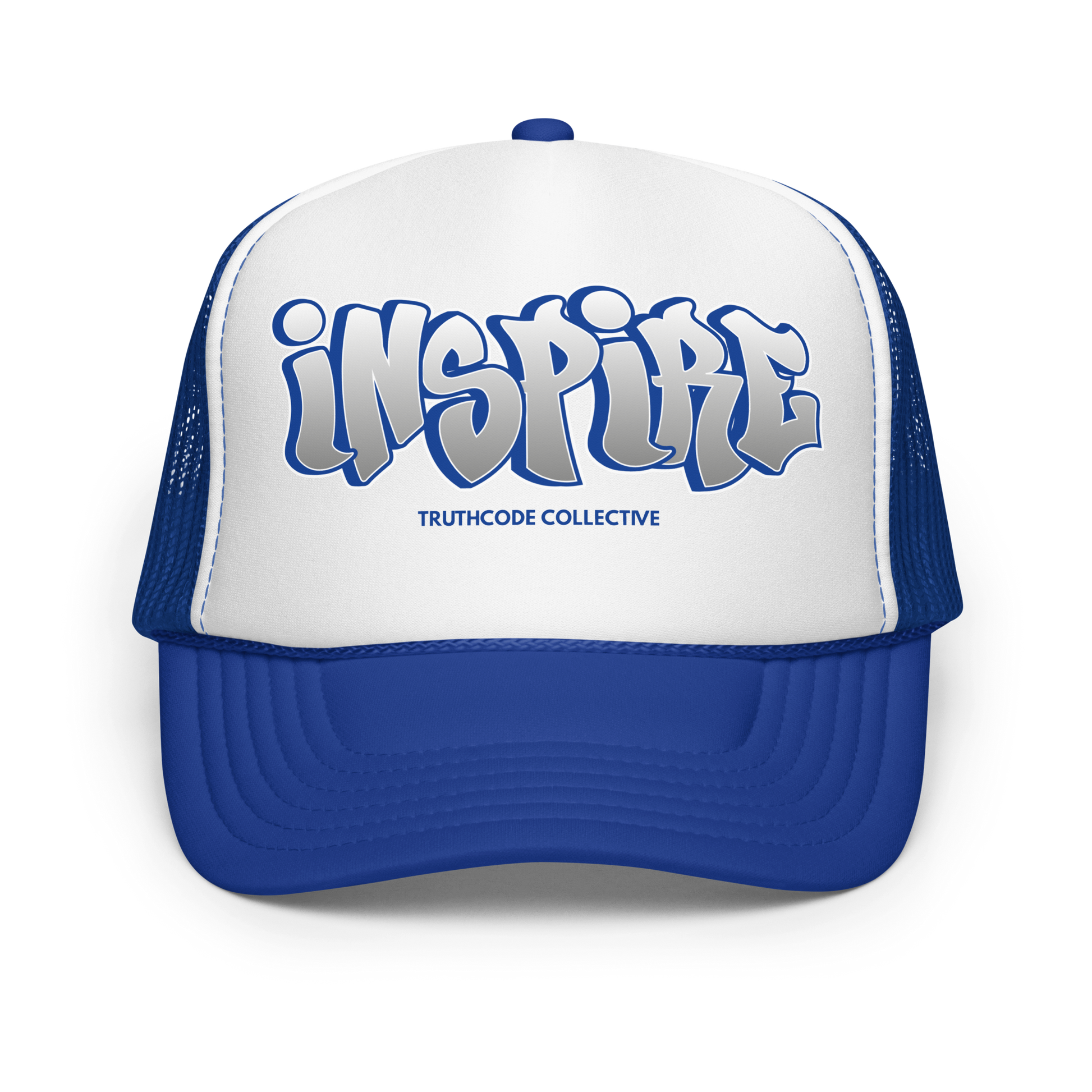 Blue and white cap with graffiti style text 'inspire', on a white background