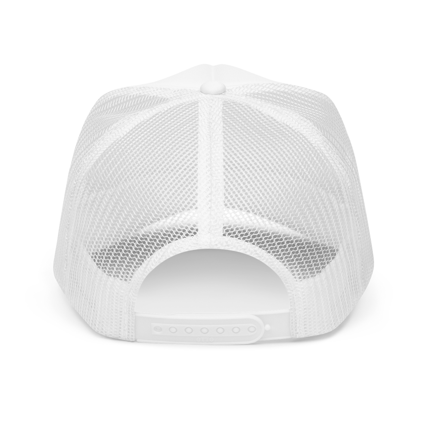 Back of white mesh cap showing adjustable snaps on a white background