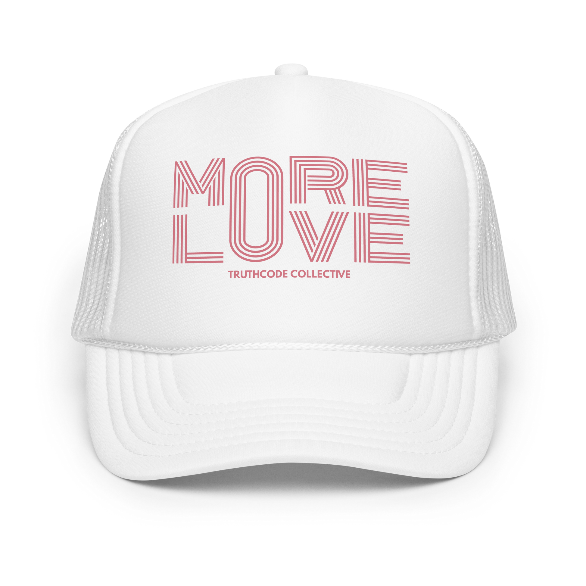 White trucker cap with 'MORE LOVE' text and 'TRUTHCODE COLLECTIVE' logo on a white background