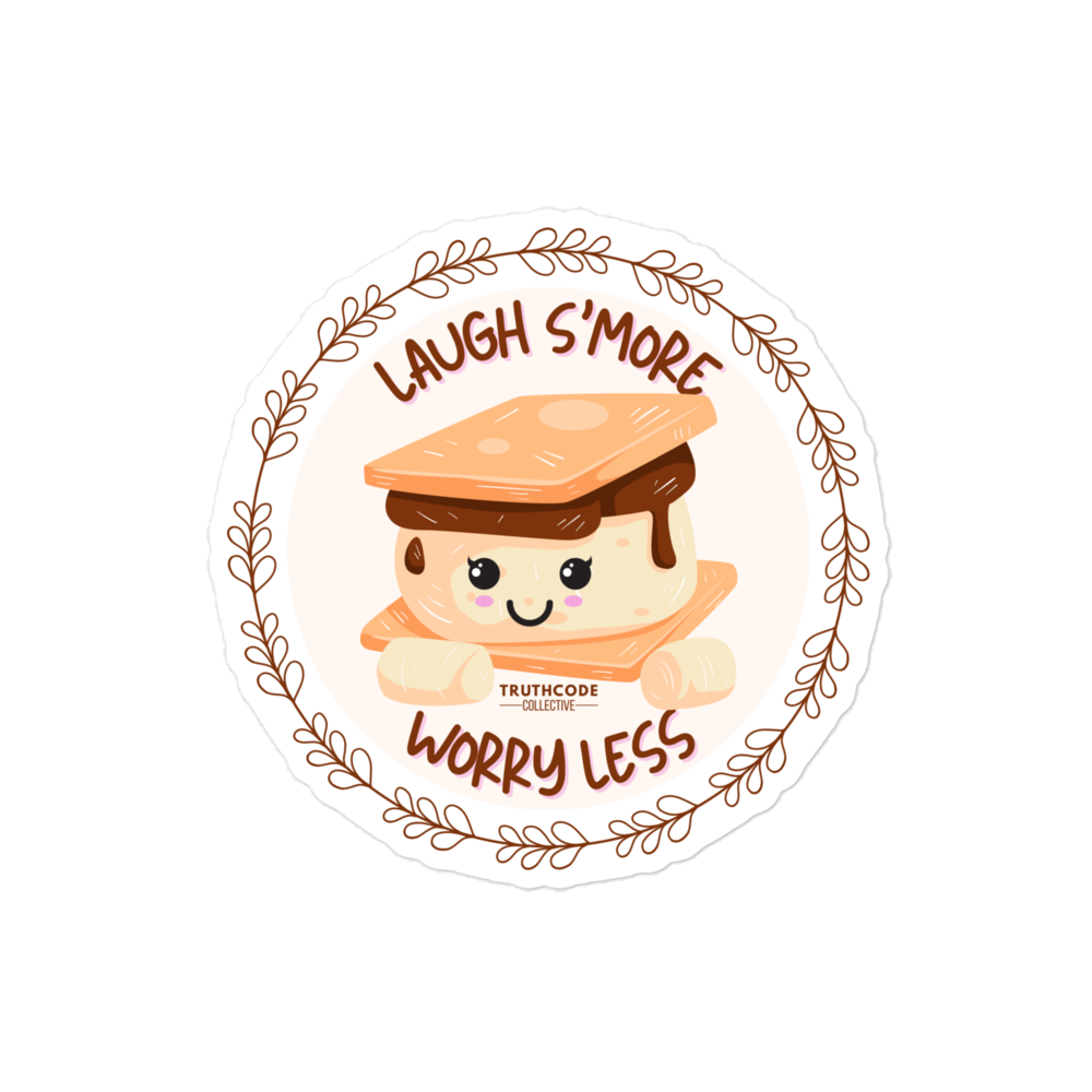 Cartoon s'more with a face and decorative text saying 'Laugh s'more worry less' on a white background