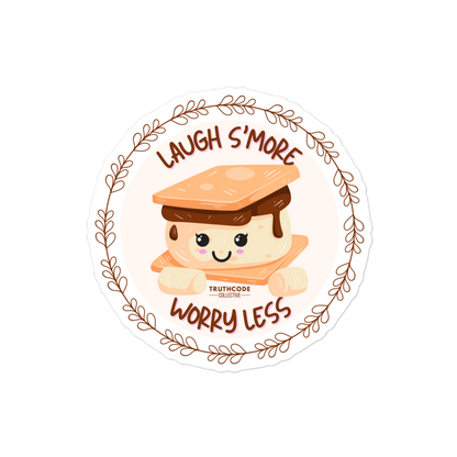 Cartoon s'more with a face and decorative text saying 'Laugh s'more worry less' on a white background