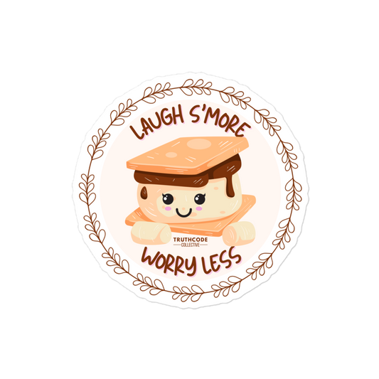 Cartoon s'more with a face and decorative text saying 'Laugh s'more worry less' on a white background