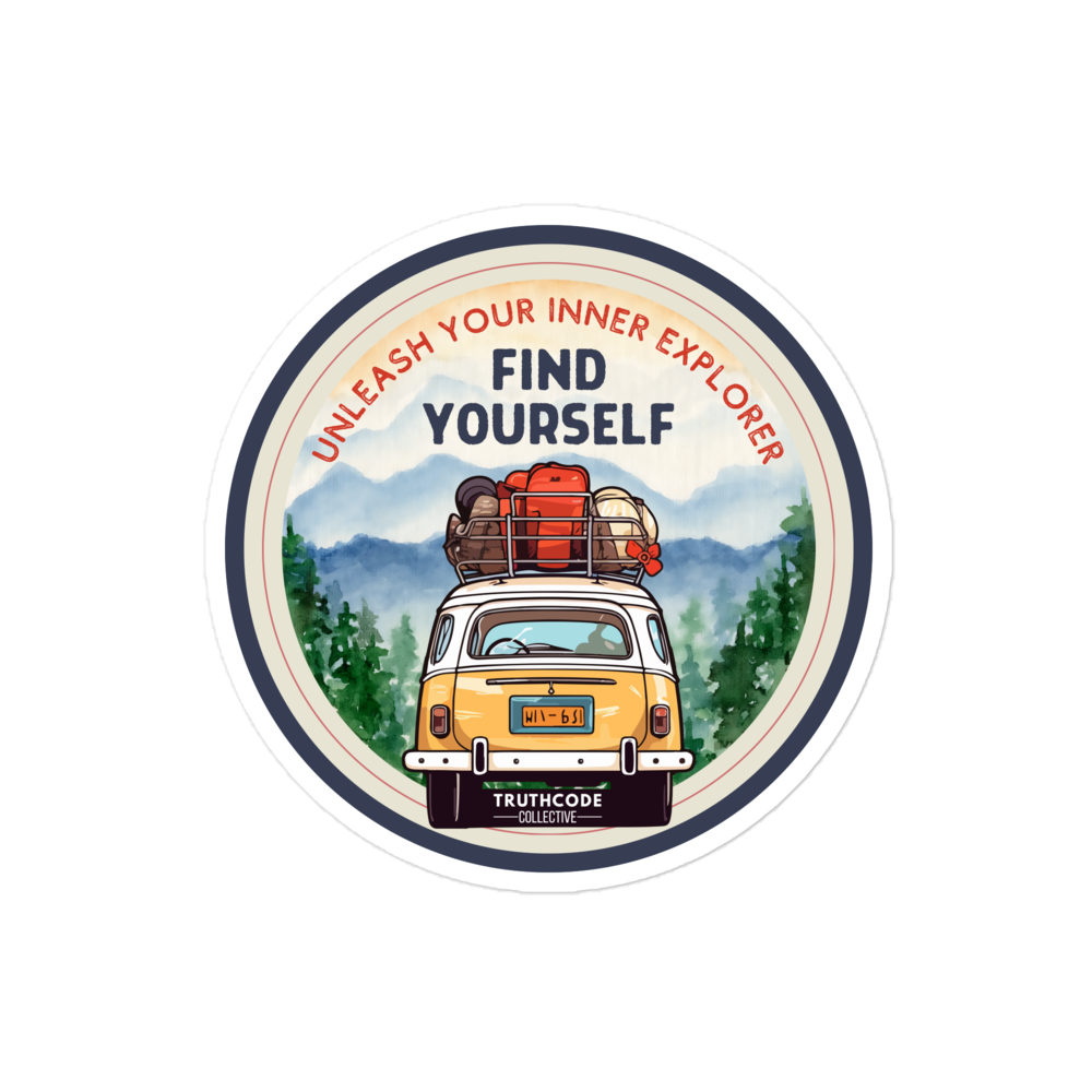Circular sticker with a yellow van, mountains, and text 'Unleash your inner explorer, find yourself' on a white background.