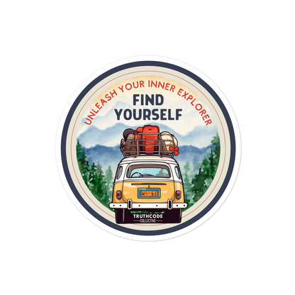 Circular sticker with a yellow van, mountains, and text 'Unleash your inner explorer, find yourself' on a white background.
