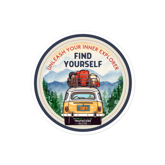 Circular sticker with a yellow van, mountains, and text 'Unleash your inner explorer, find yourself' on a white background.