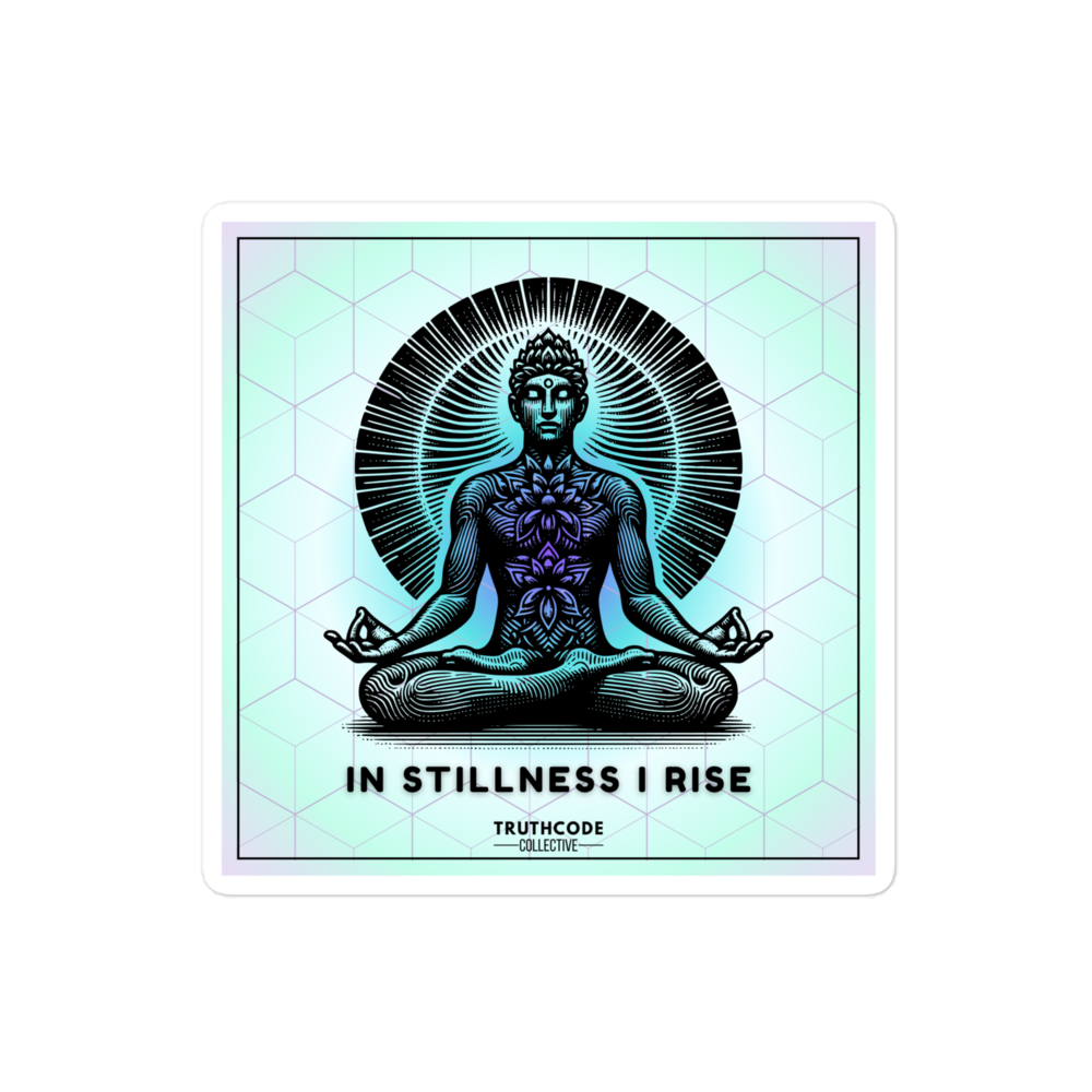 Sticker with a meditating figure and 'In Stillness I Rise' text on a gradient background