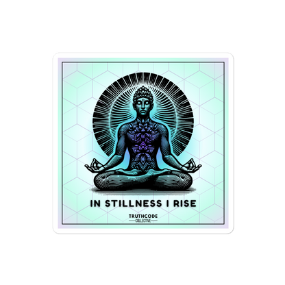 Sticker with a meditating figure and 'In Stillness I Rise' text on a gradient background
