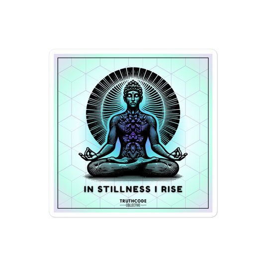 Sticker with a meditating figure and 'In Stillness I Rise' text on a gradient background