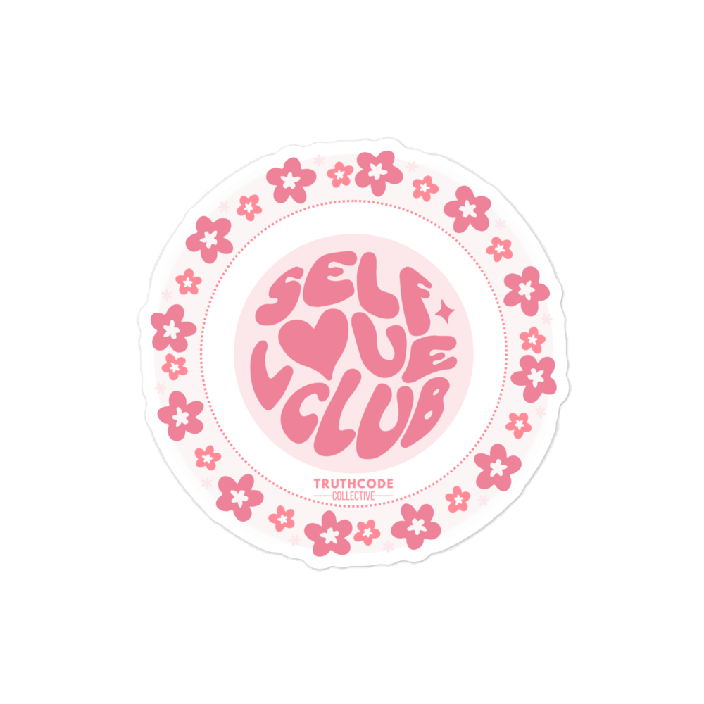 Circular sticker with 'Self Love Club' text and floral design on a white background