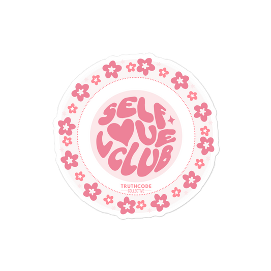 Circular sticker with 'Self Love Club' text and floral design on a white background