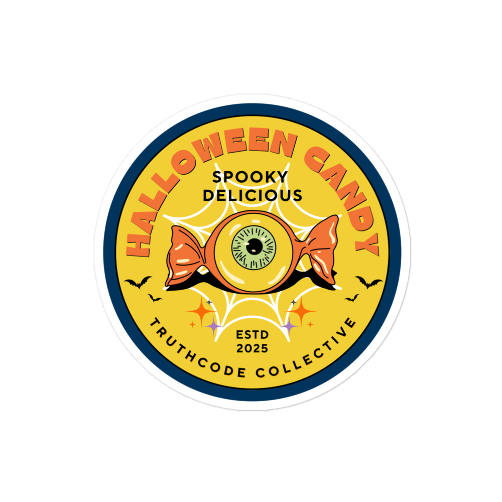 Halloween candy label with eye design and text 'Halloween candy, spooky delicious' on a yellow background