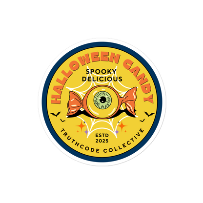 Halloween candy label with eye design and text 'Halloween candy, spooky delicious' on a yellow background