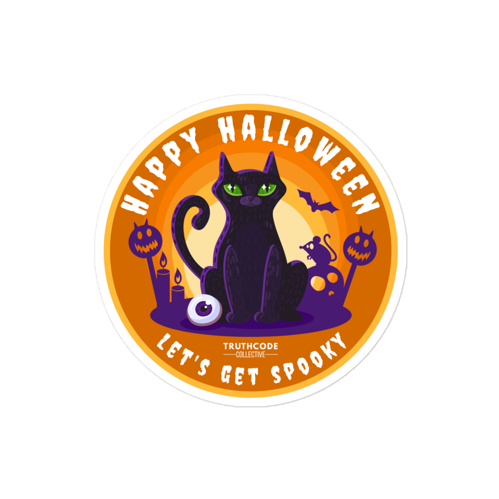 Halloween-themed sticker with a black cat, pumpkins, and text 'Happy halloween, let's get spooky' on an orange background