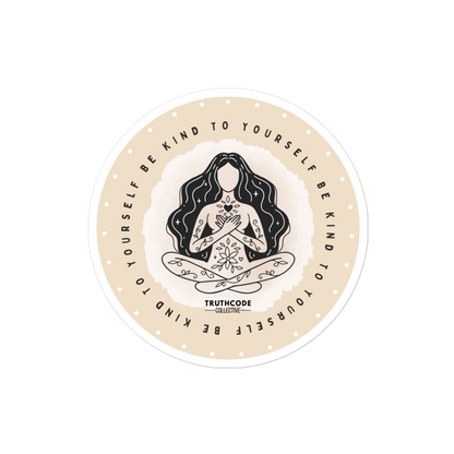 Circular sticker with a woman meditating silhouette, text 'Be kind to yourself' and 'Truthcode Collection' on a beige background.