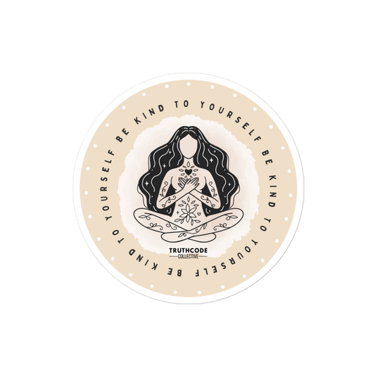Circular sticker with a woman meditating silhouette, text 'Be kind to yourself' and 'Truthcode Collection' on a beige background.