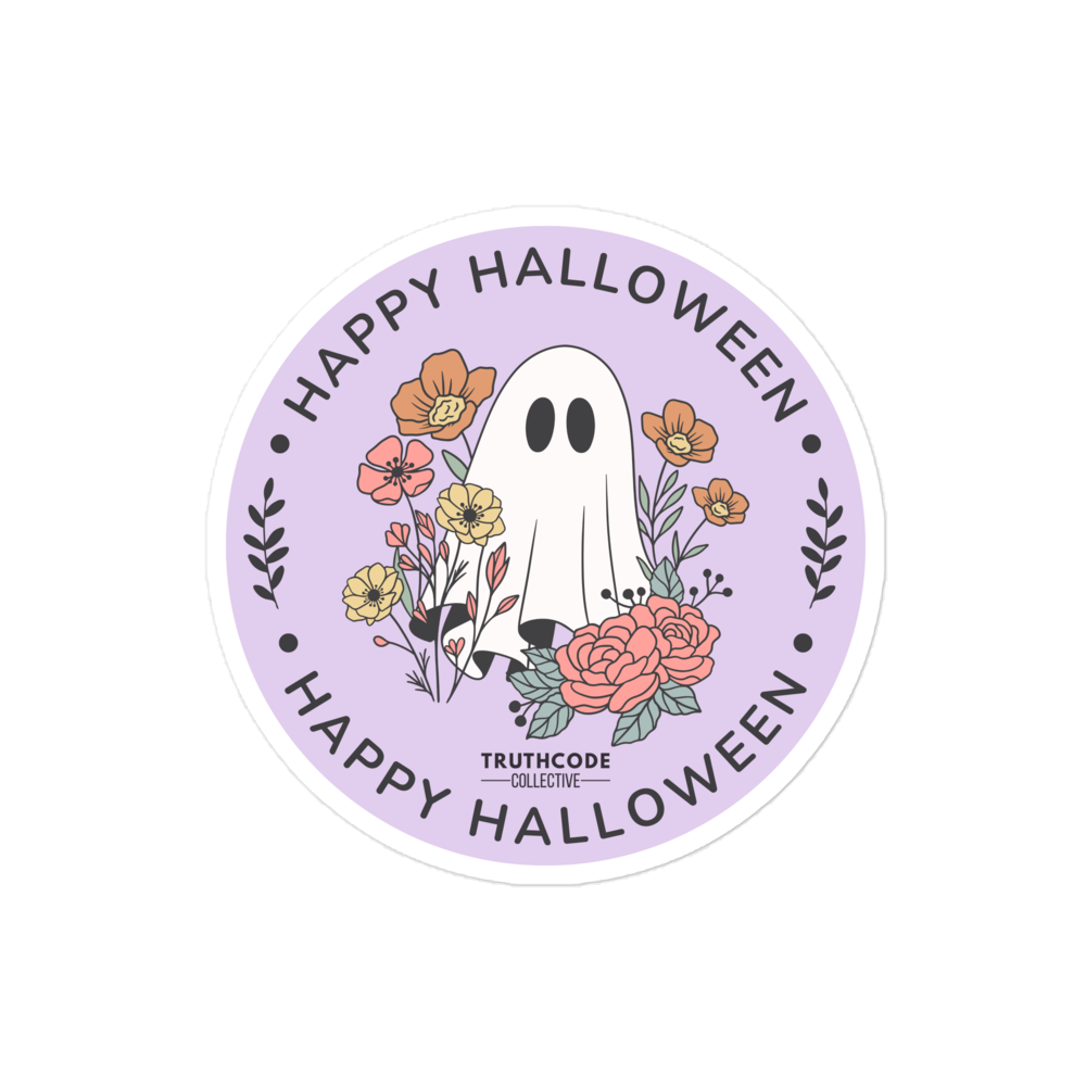 Round sticker with ghost and flowers on a purple background, featuring 'Happy Halloween' text.