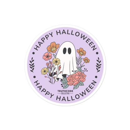 Round sticker with ghost and flowers on a purple background, featuring 'Happy Halloween' text.