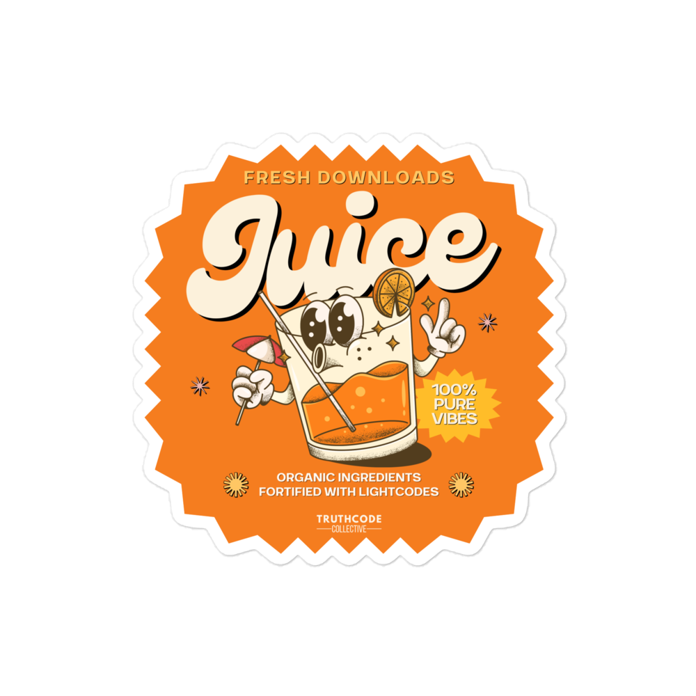 Sticker of a juice label with a cartoon character holding a glass of juice on an orange background with text 'Fresh downloads, 100% pure vibes' and 'Organic ingredients fortified with lightcodes'