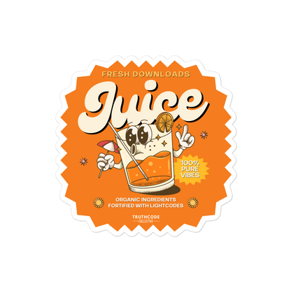 Sticker of a juice label with a cartoon character holding a glass of juice on an orange background with text 'Fresh downloads, 100% pure vibes' and 'Organic ingredients fortified with lightcodes'