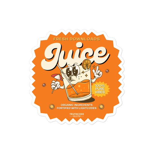 Sticker of a juice label with a cartoon character holding a glass of juice on an orange background with text 'Fresh downloads, 100% pure vibes' and 'Organic ingredients fortified with lightcodes'