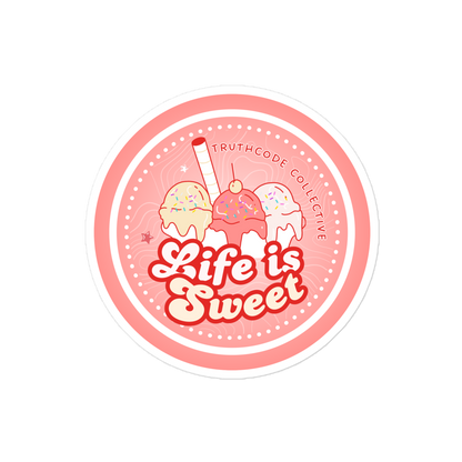 Circular sticker with 'Life is Sweet' text and ice cream graphics on a white background