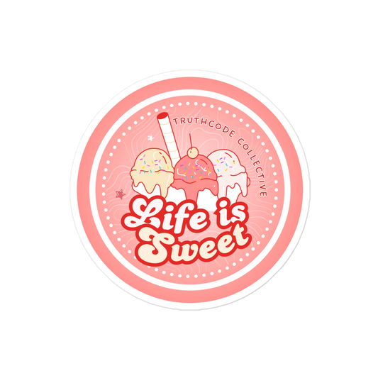 Circular sticker with 'Life is Sweet' text and ice cream graphics on a white background