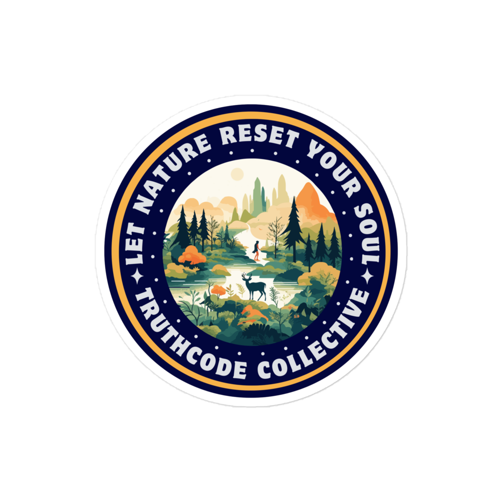 Circular sticker with nature scene and text 'Let Nature Reset Your Soul' on a white background.