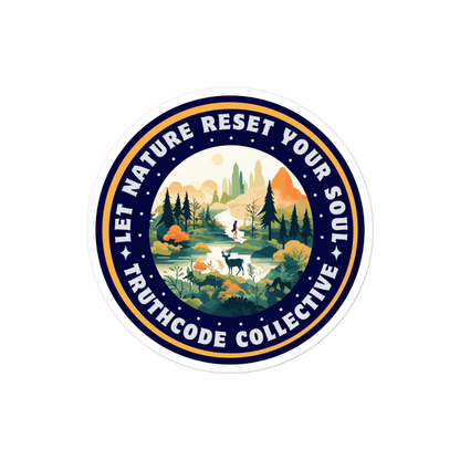 Circular sticker with nature scene and text 'Let Nature Reset Your Soul' on a white background.