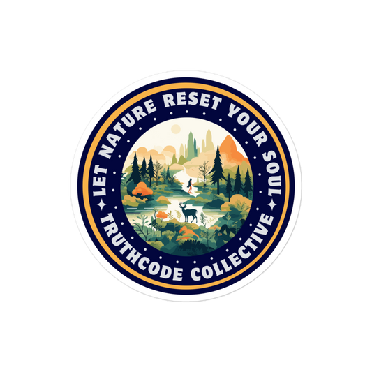 Circular sticker with nature scene and text 'Let Nature Reset Your Soul' on a white background.