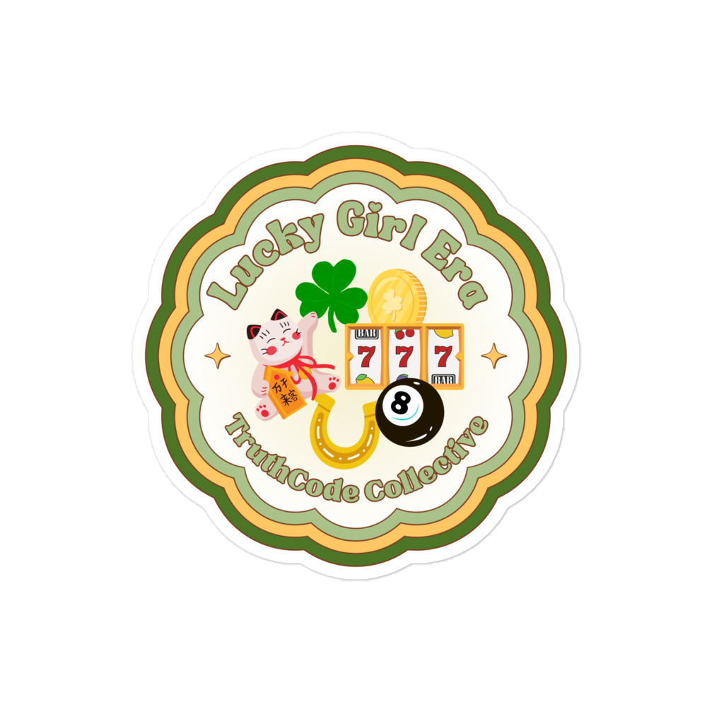 Circular sticker with 'Lucky Girl Era' text and various symbols on a white background