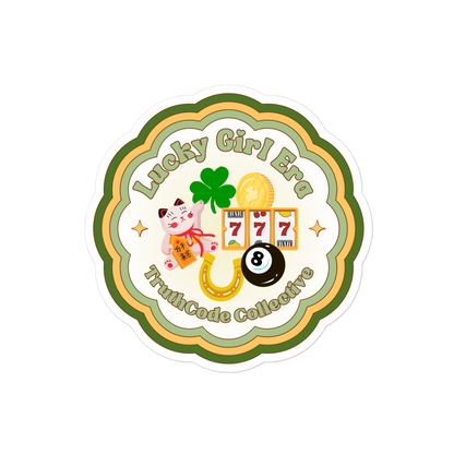 Circular sticker with 'Lucky Girl Era' text and various symbols on a white background