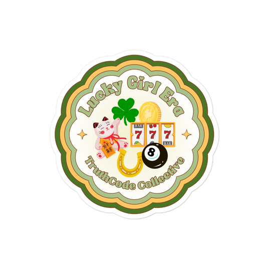 Circular sticker with 'Lucky Girl Era' text and various symbols on a white background