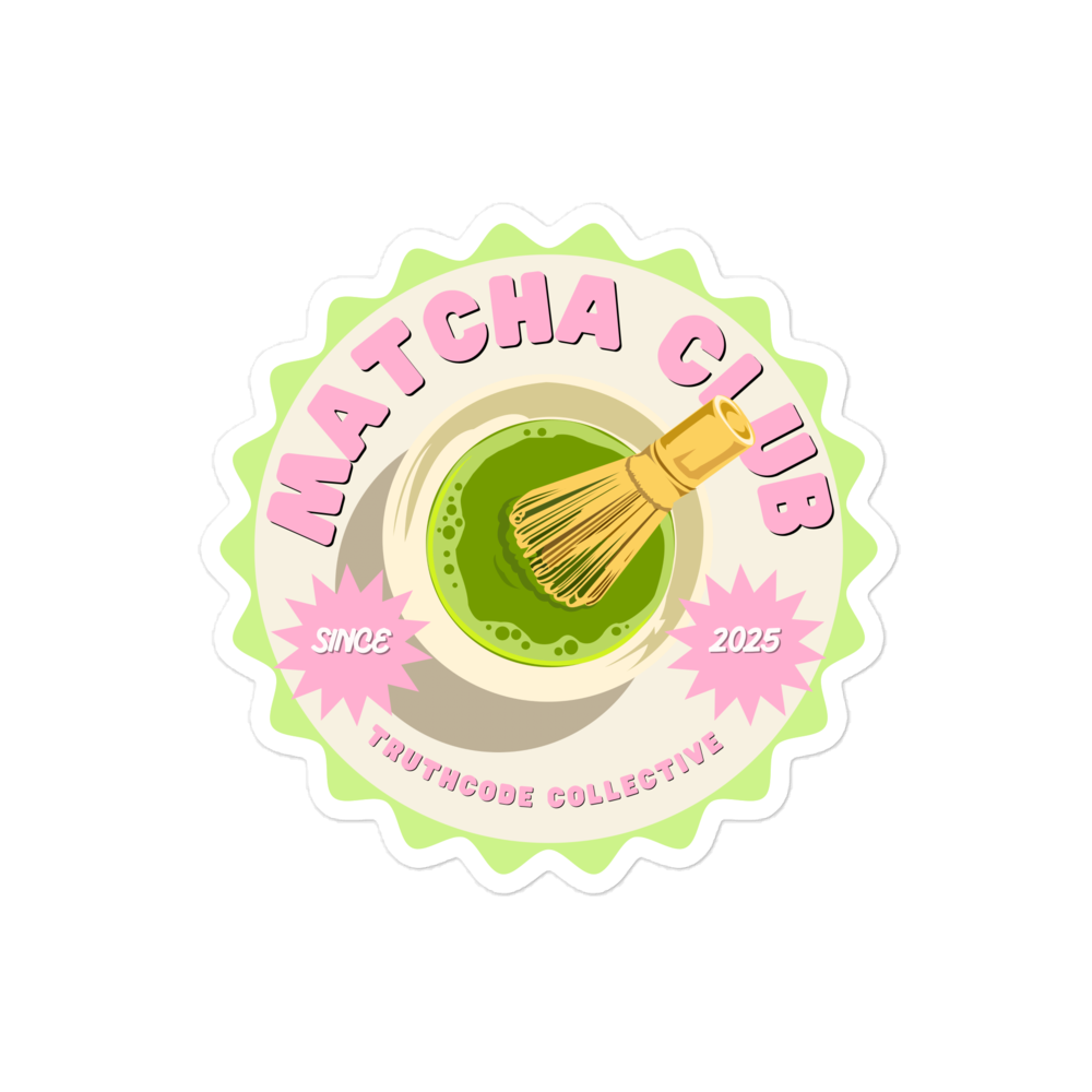 Circular sticker design with text 'Matcha Club' with a green bowl of matcha and whisk, on a white background.