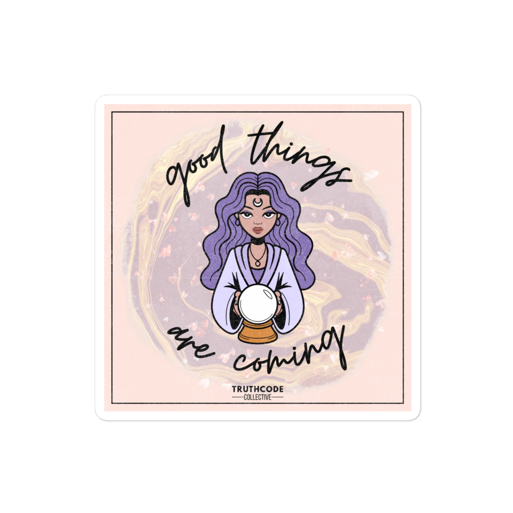 Square shaped sticker with illustration of a person with purple hair holding a crystal ball with 'good things are coming' text on a pink background.