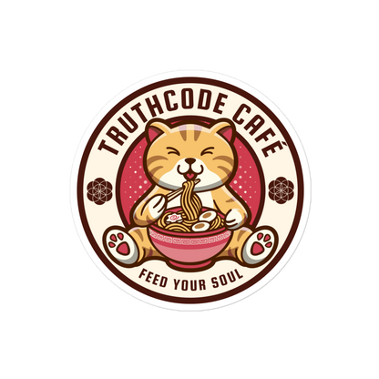 Circular sticker with text 'Truthcode Café' and 'feed your soul' with a cat character eating noodles