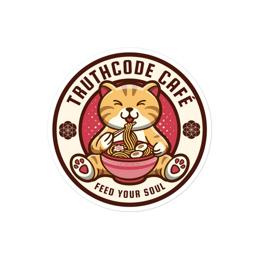 Circular sticker with text 'Truthcode Café' and 'feed your soul' with a cat character eating noodles