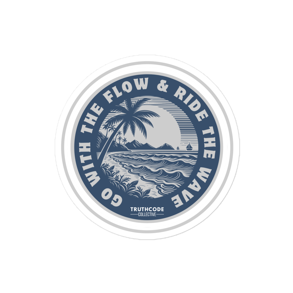 Circular sticker with beach scene and text 'Go with the Flow & Ride the Wave' on a white background