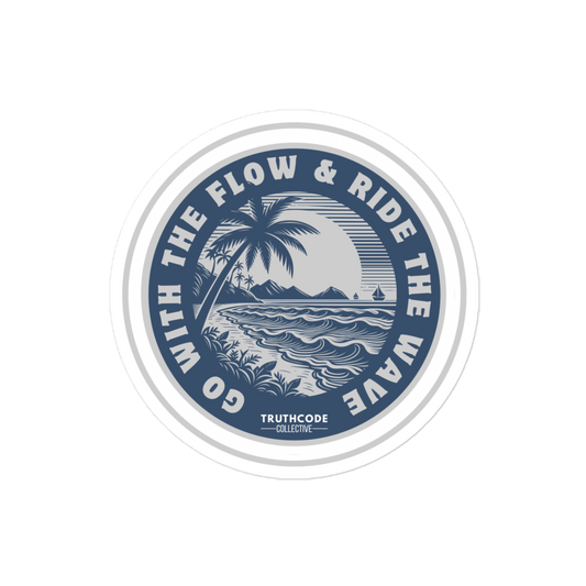 Circular sticker with beach scene and text 'Go with the Flow & Ride the Wave' on a white background
