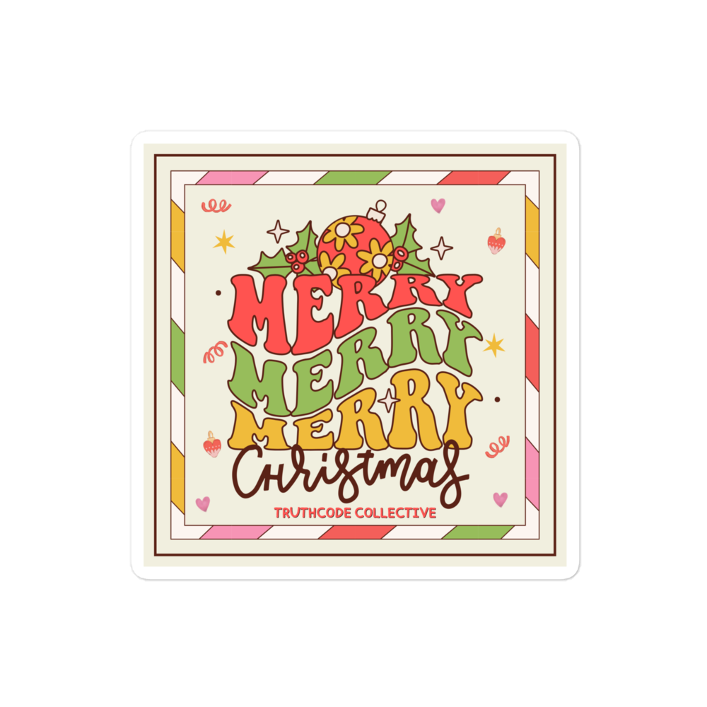 Colorful 'Merry Christmas' square sticker with decorative elements on a white background