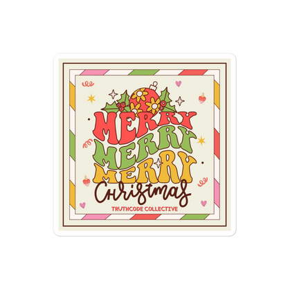 Colorful 'Merry Christmas' square sticker with decorative elements on a white background