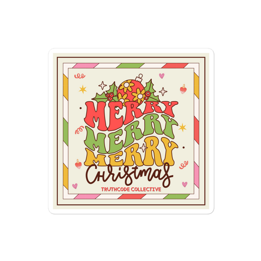 Colorful 'Merry Christmas' square sticker with decorative elements on a white background