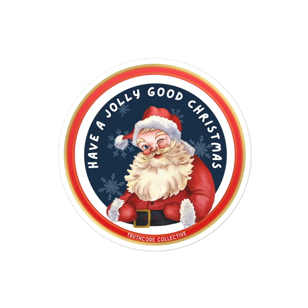 Circular Christmas sticker with Santa Claus and text 'Have a Jolly Good Christmas' on a white background.